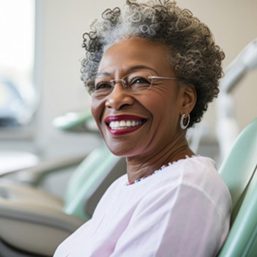 Woman in pink shirt in dentist’s chair smiling